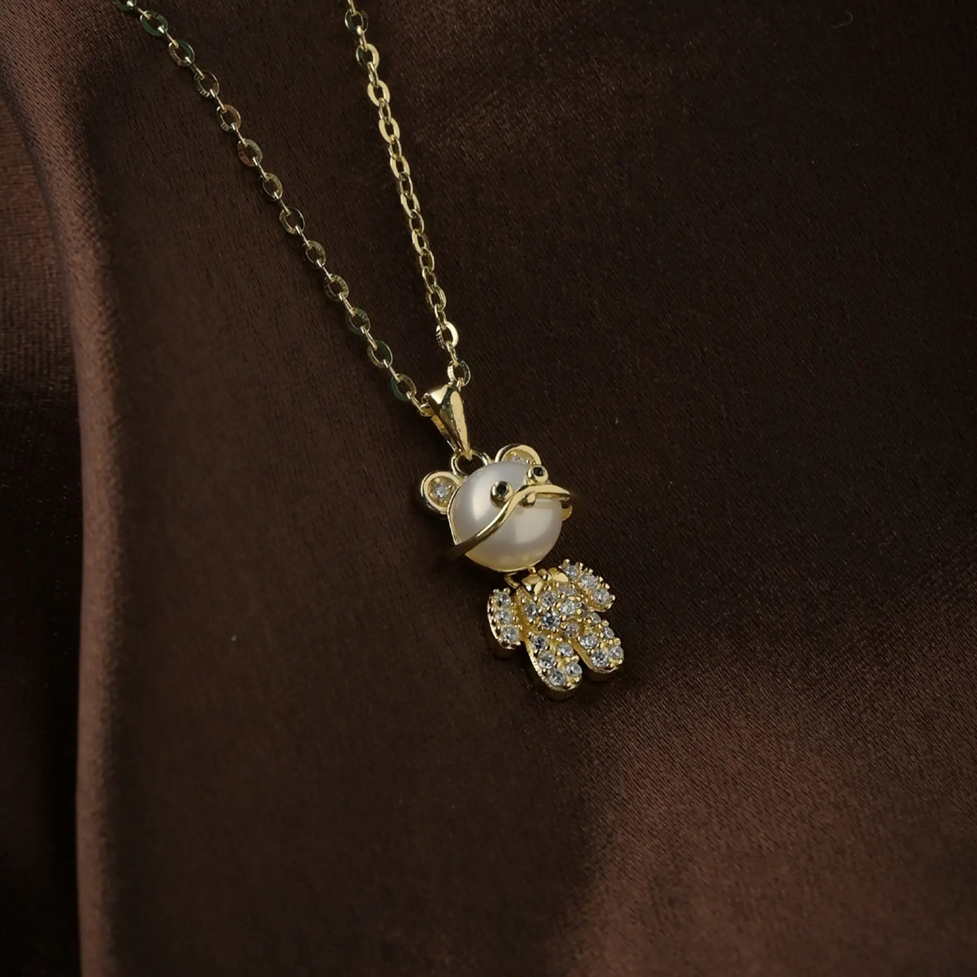 Playful Pearl Teddy Pendant Necklace