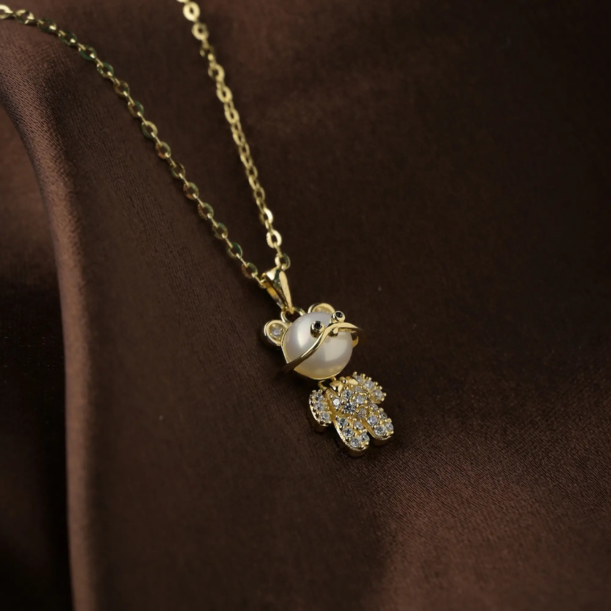 Playful Pearl Teddy Pendant Necklace